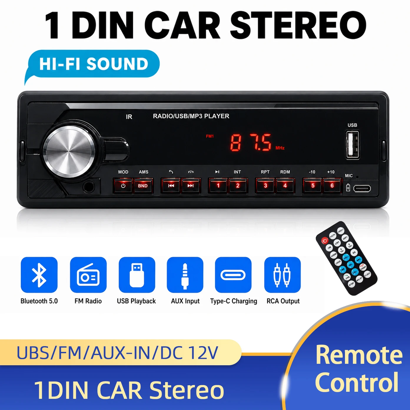 1Din MP3 Car Stereo Bluetooth MP3 Player Remote Control Input Receiver USB /AUX/AUX-IN ISO Port FM Radio 12V 2 Channel Car Radio