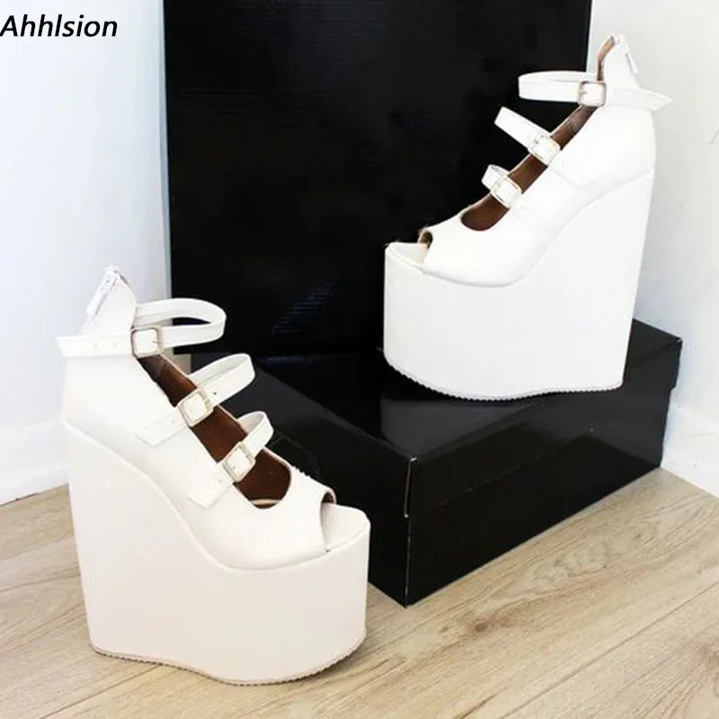 Ahhlsion Handmade Women Summer Pumps Buckle Strap Wedges High Heel Peep Toe Elegant White Casual Shoes Ladies US Plus Size 4-15