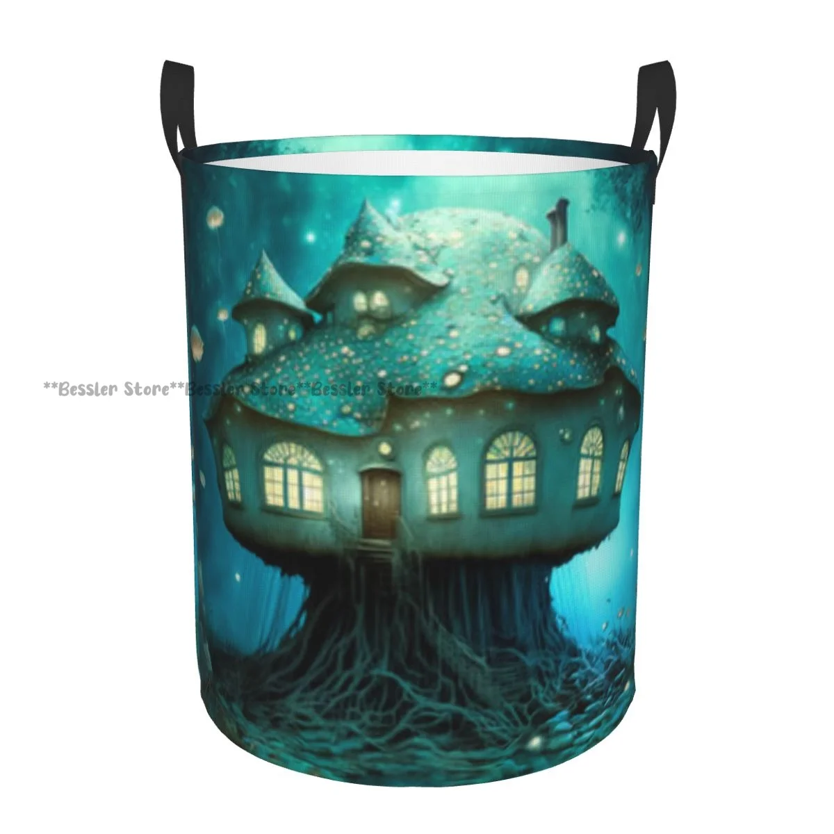 

Laundry Basket Fantasy Fairy Tale House With Tree Roots Mushrooms Round Storage Bin Collapsible Hamper Clothes Bucket Organizer