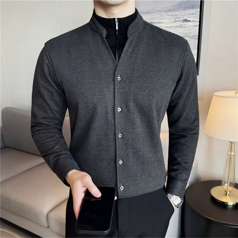 Chinese Tyle Stand Collar Woolen Long-sleeved Shirt Men Thickened Warm Casual Business Shirt Fake Two-piece Semi-zipper Sweater