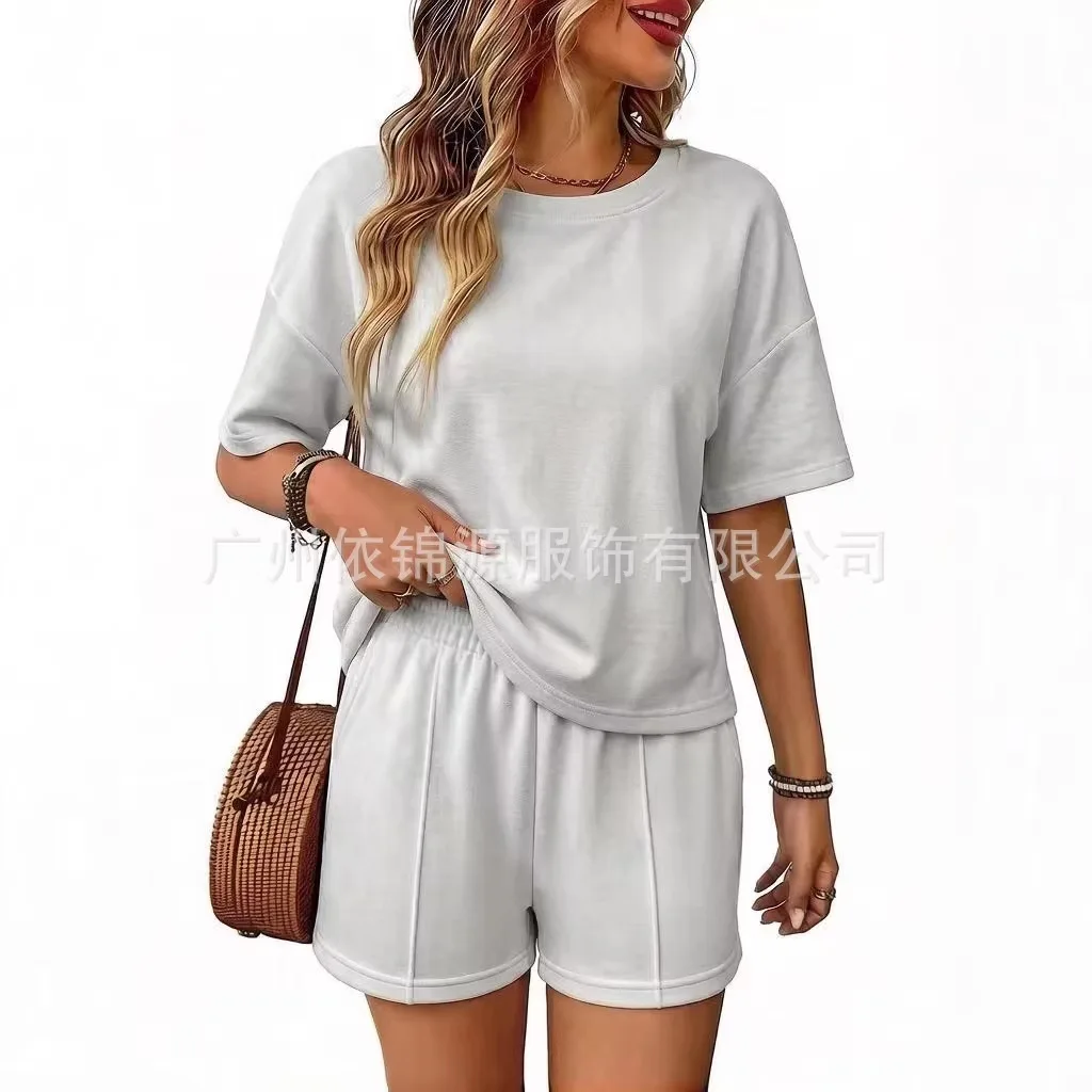 

2026 New Women 2 Piece V Neck Matching Lounge Sets Clothing Cap Sleeve Shirt And Shorts