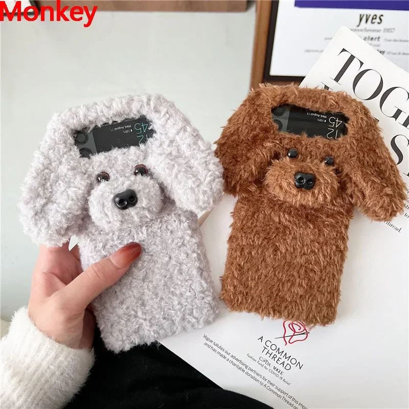 3D Cute Teddy Dog Fluffy Phone Case For Samsung Z Flip 1 2 3 4 5 6 Galaxy Flip5 Case Shockproof Winter Plush Fur Hard Back Cover