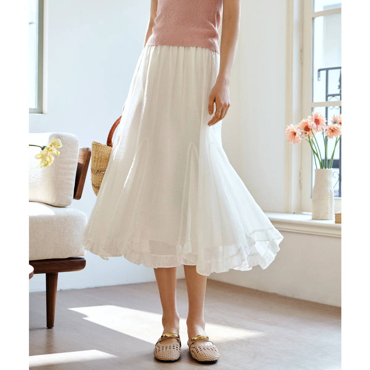 OLrain Lyocell Women Vacation Style Blue Skirt 2026 New Elastic Waist Patchwork Ruffle Hem Casual Mid Long Skirt O58XB000682