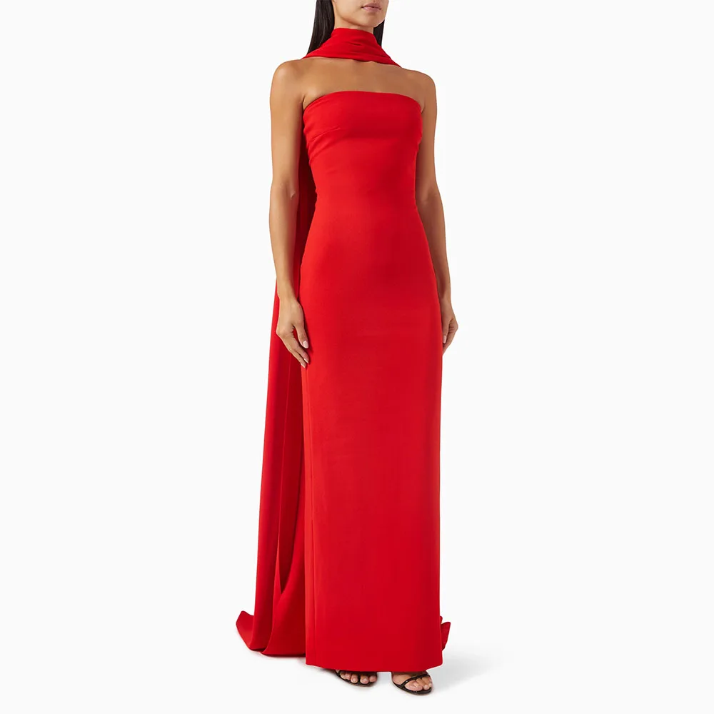 

Elegant Evening Dress with Shawl Column Strapless Bright Red Wedding Party Gowns for Women Sleeveless Simple Prom Dresses Long