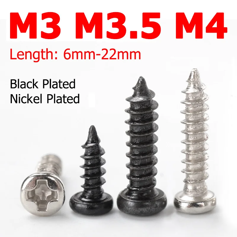 500pcs M3 M4 M3.5 Cross Round Head Self Tapping Screw Black/Nickel Plated Phillips Pan Head Drilling Tail PA Screws