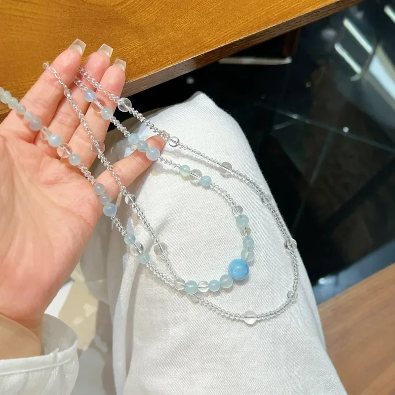 Original design necklace Aquamarine white crystal bead chain two wear style gentle healing, clear series