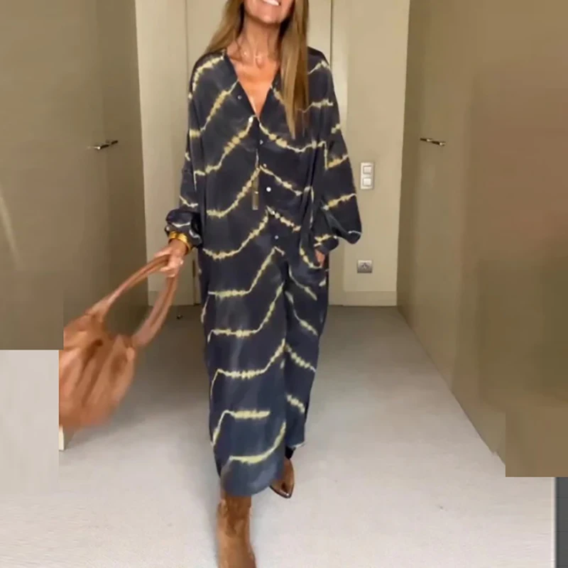 

2023 Summer New Cardigan Long Dress Women's Casual Loose Print Party Dress Fashion Women's Bohemian Vacation Beach Pocket Dress