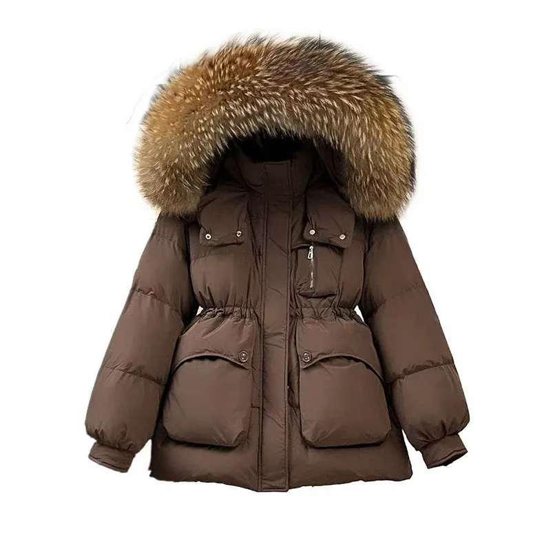 2025 Winter neue Echt waschbären pelz kragen unten Jacke frauen Koreanische version Schlank Dicke taille Mit Kapuze Ente unten mantel Weibliche Parker