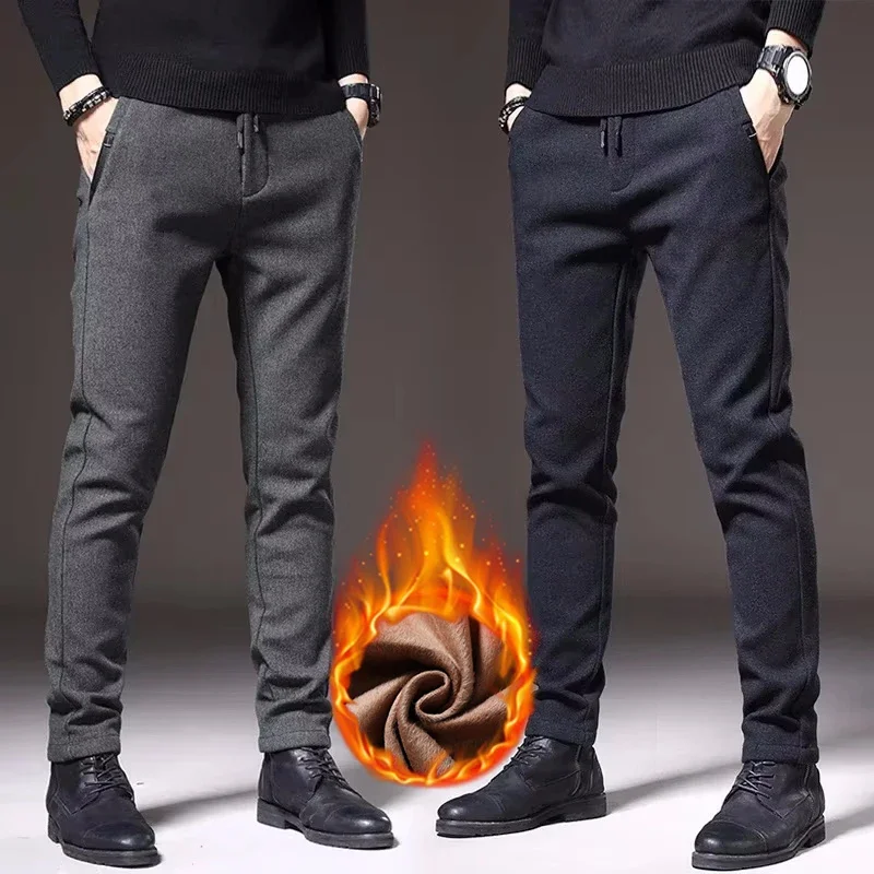 

Business Casual Winter Warm Pants Men's Straight Slim Drawstring Design Thickened Fleece Trousers Fashion Korean Male Clothing