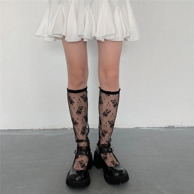 النساء لوليتا الصيف شبكة تول جوارب طويلة إلى الركب اليابانية Harajuku الحلو ل فراشة نمط كشكش تقليم الأميرة Stocki 15UB #4