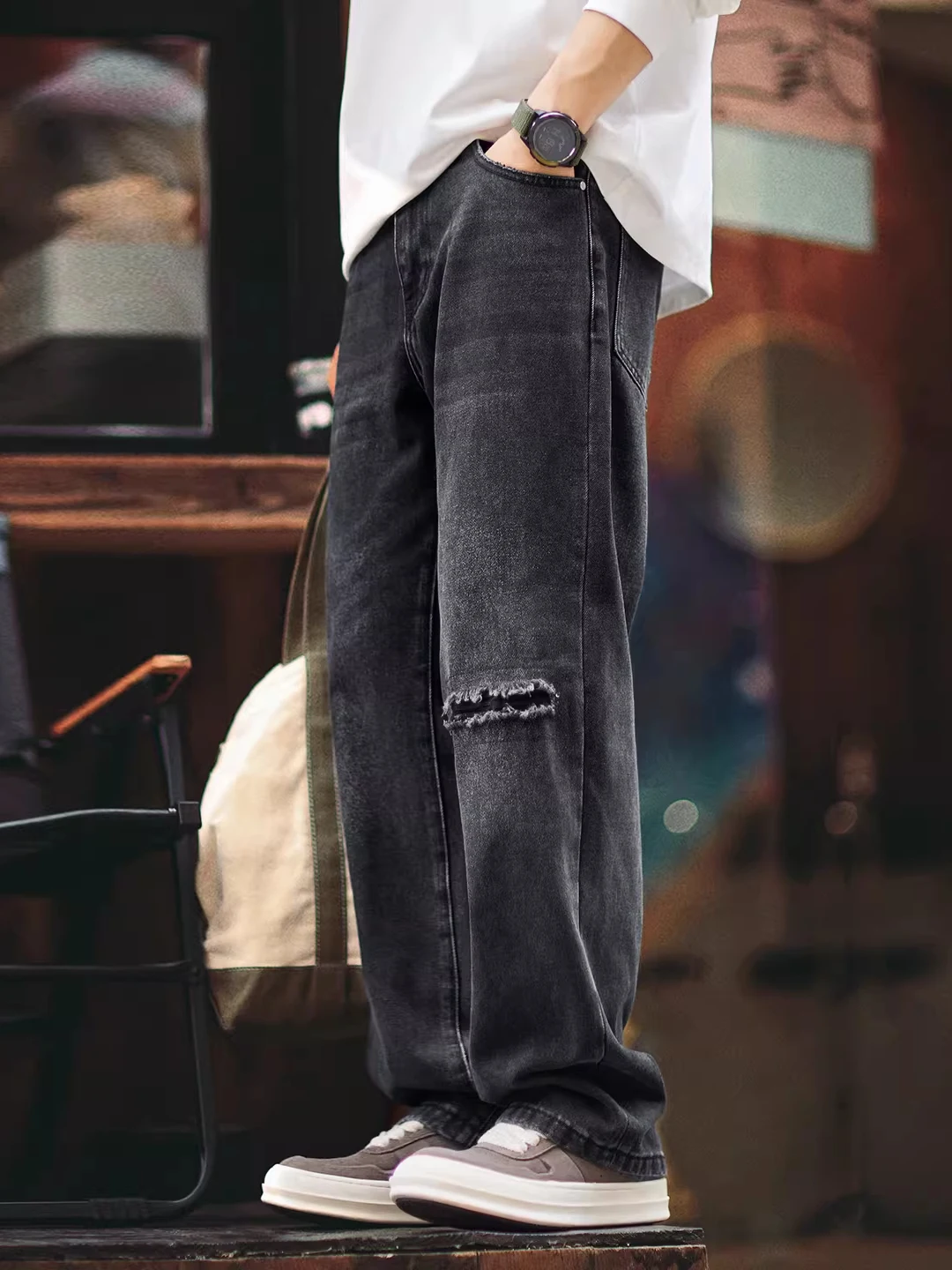 

Men's Straight Leg Jeans Large Size American Washed Black Patchwork Hole Punch Casual Wear Spring Autumn New Style Long Pants