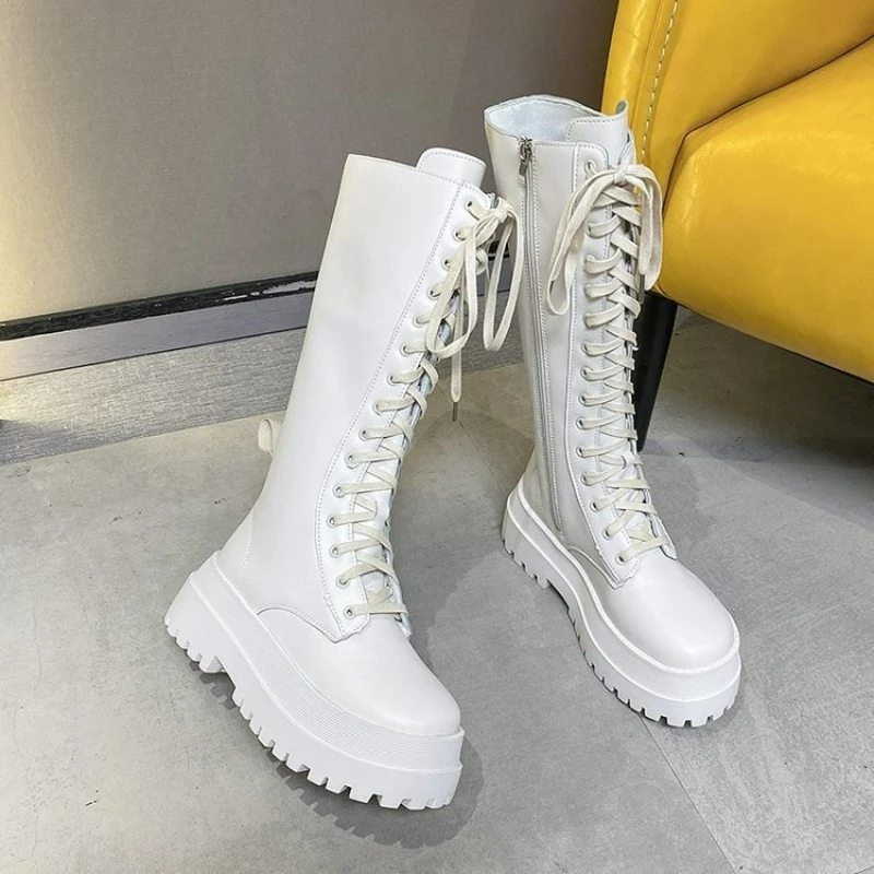 Women Motorcycle Boots PU Leather Boots Wedges Flat Shoes High Heel Zipper Black Long Boot Platform Lace Up Women's Boots 2025 - Image 4