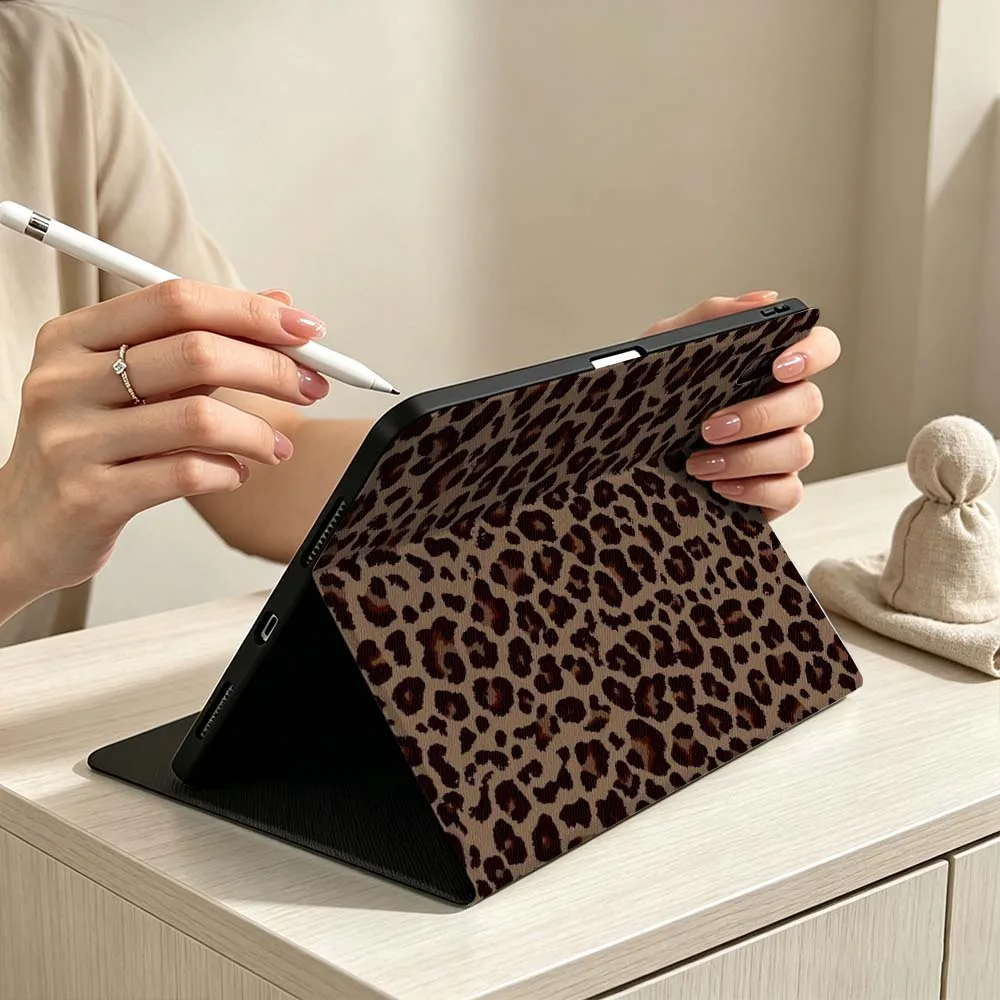 Leopard Print For iPad Pro Air mini 7 6 5 4 3 2 1 M5 M4 M3 11th 10th A17 Pro A16 A14 Soft Pen Tray Tablet Case