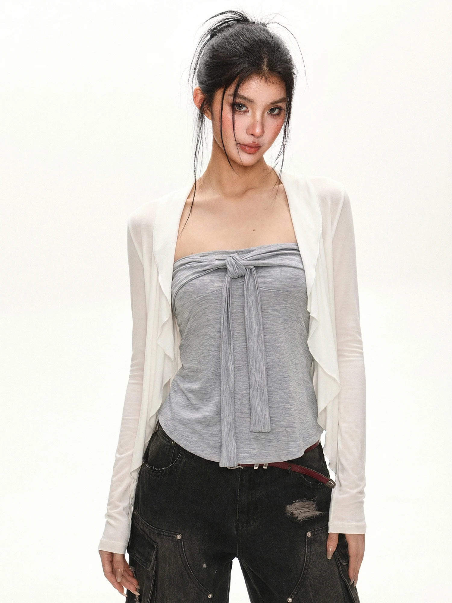 RreReal Women's Slim Fit Short Cardigan with Lace Trim Twist Knot Tube Top Two Piece Set Summer Outerwear Binding Vest