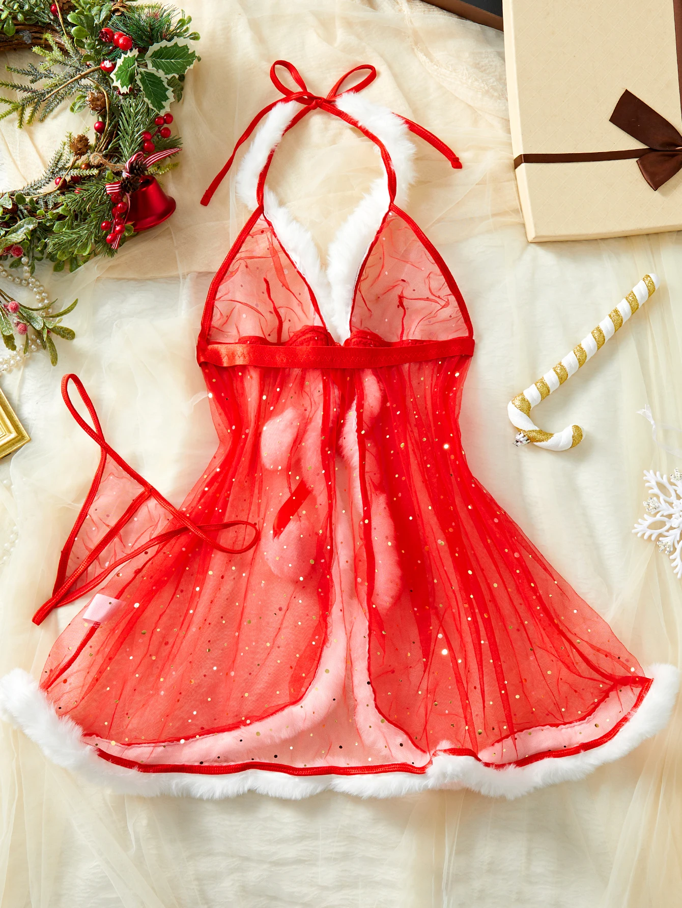 جديد مثير الملابس الداخلية عيد الميلاد الحصري منامة مغر فضح الجسم الغريبة الأحمر الدانتيل يصل أفخم تنورة بيبي دول المرأة قطعتين #3