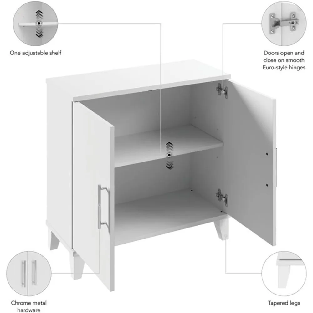خزانة تخزين صغيرة من سومرست مع أبواب وأرفف باللون الأبيض، منظم ببابين للمكتب المنزلي وغرفة المعيشة والمطبخ