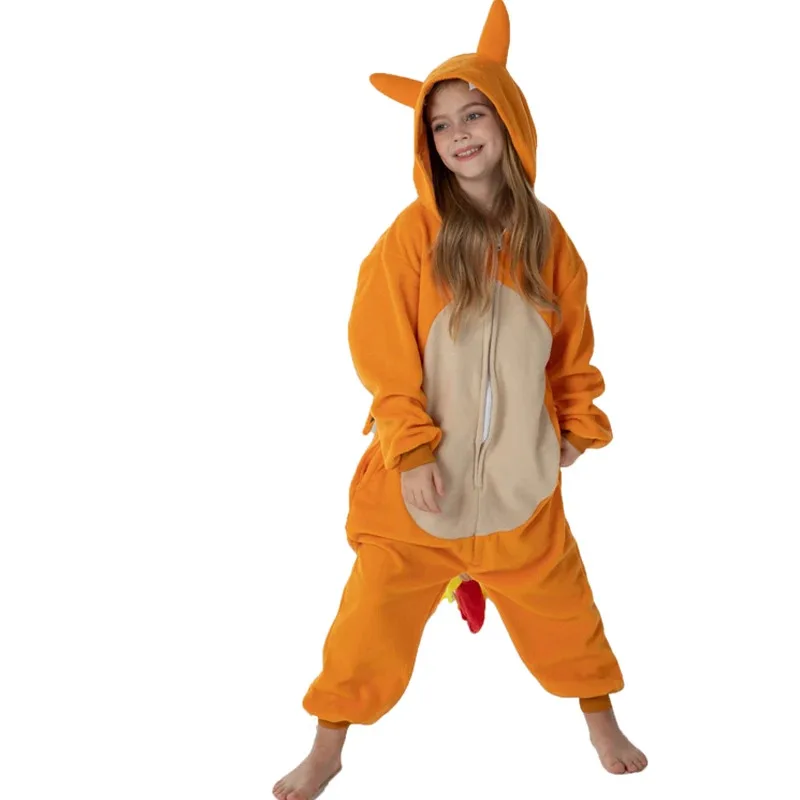 بيجامة قطعة واحدة للأطفال على شكل تنين كرتوني للأطفال على شكل حيوانات الهالوين للأولاد والبنات باللون البرتقالي بيجامات أنيمي Kigurumi