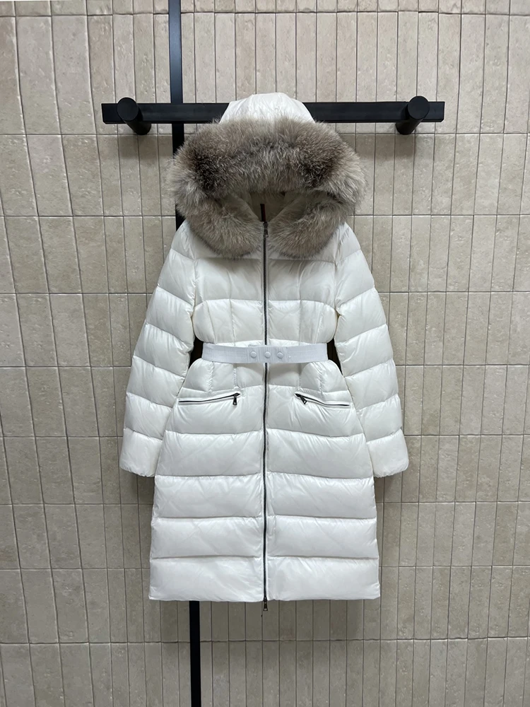 Winter Fashion White Simplicity Long Style Mid-Calf Down Jacket Women's Detachable Fur Hooded  Long Sleeve Elastic Waist Coat