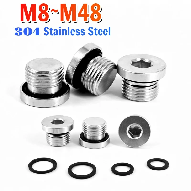 M8 M10 M12 M14 M16-M48 Allen Flange Oil Plug 304 Stainless Steel Hex Socket Head End Cap Plug Male Threaded Ring Sealing Plug
