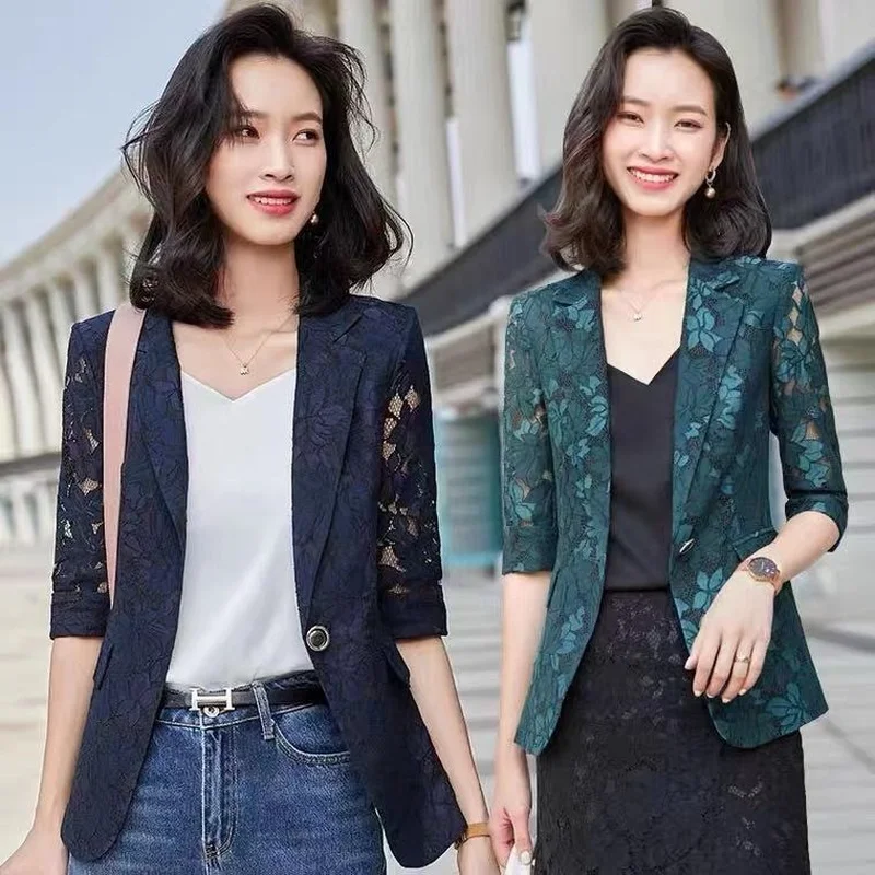 

Women Blazer 2023 6XL-New Elegant Lace Hollow Out Thin Summer Blazers Lady Office Suit Jackets Coat Slim Tops E25