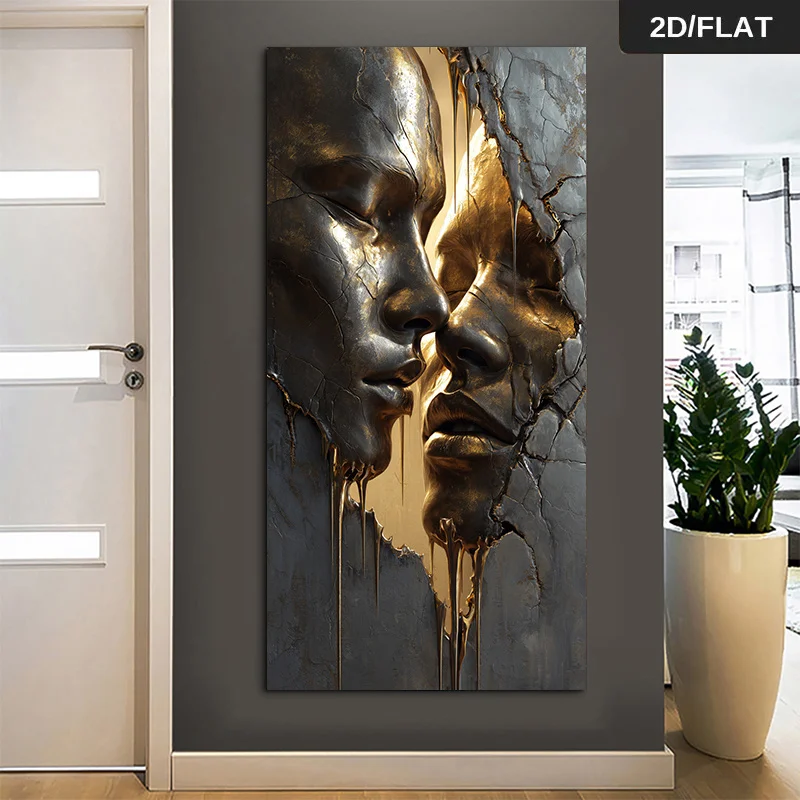 2D/Flat Extra Large Golden Faces on A Cracked Canvas Wall Art, Unframed Abstract Wall Art Prints for Living Room & Bedroom Decor