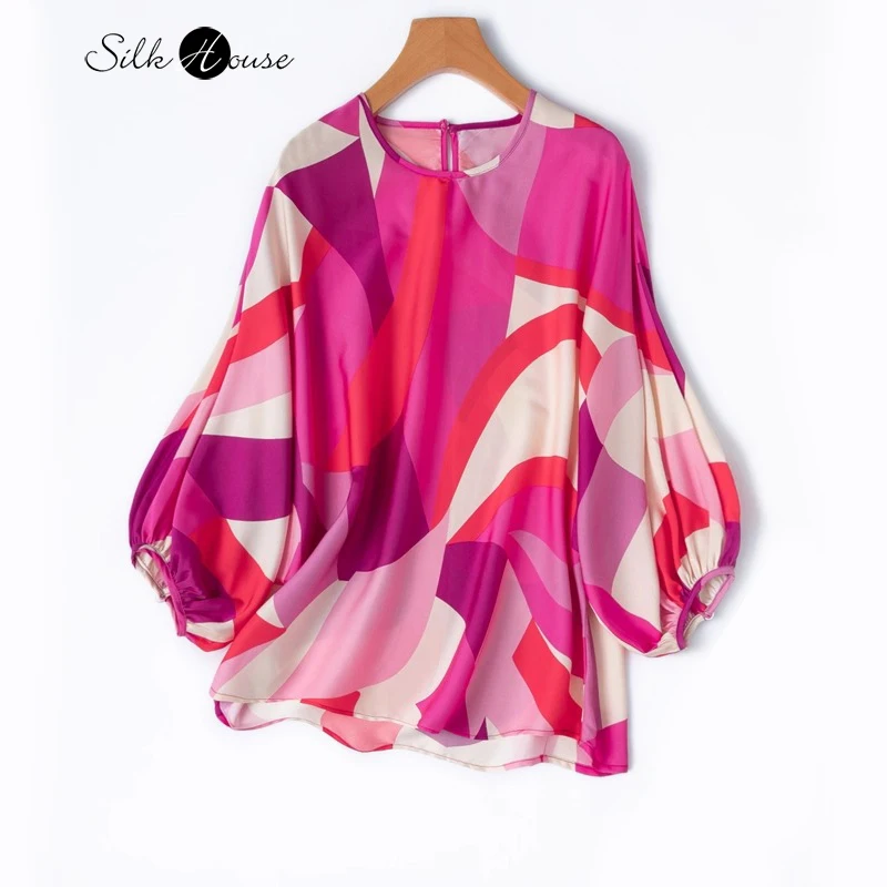 Comfortable Touch Skin Friendly 93% Natural Mulberry Silk Elastic Double Satin Batwing Sleeves Color Blocked Loose T-shirt