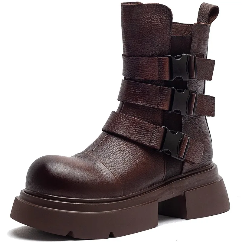 

GKTINOO 2025 Winter New Plush Warm British Style Mid-calf Boots Genuine Leather Thick Soled Women's Shoes