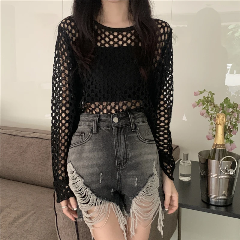 Pullovers Women Hollow Out Loose Fashion Thin Summer Sun-proof Sexy Cool Streetwear Club Girlish Korean Style Casual All-match