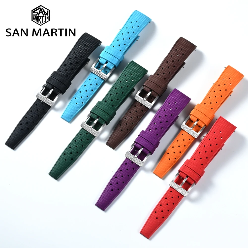 San Martin Watch Band FKM Strap 19mm 20mm 21mm Curved End Premium-Grade Tropi Fluorine Rubber Summer Diving Waterproof  SN0144