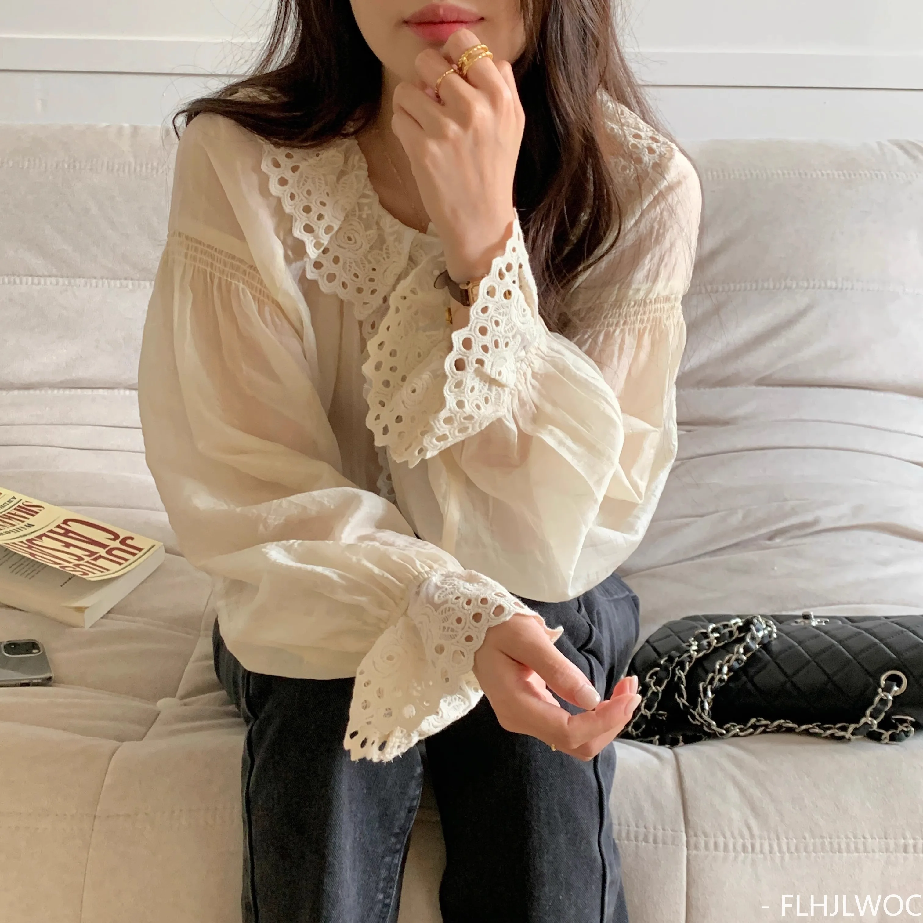 Semi-Transparent Sunscreen Tops Blusas Woman Cute Sweet Japan Girls Flare Sleeve Retro Vintage Hollow Out Lace Ruffles Shirts