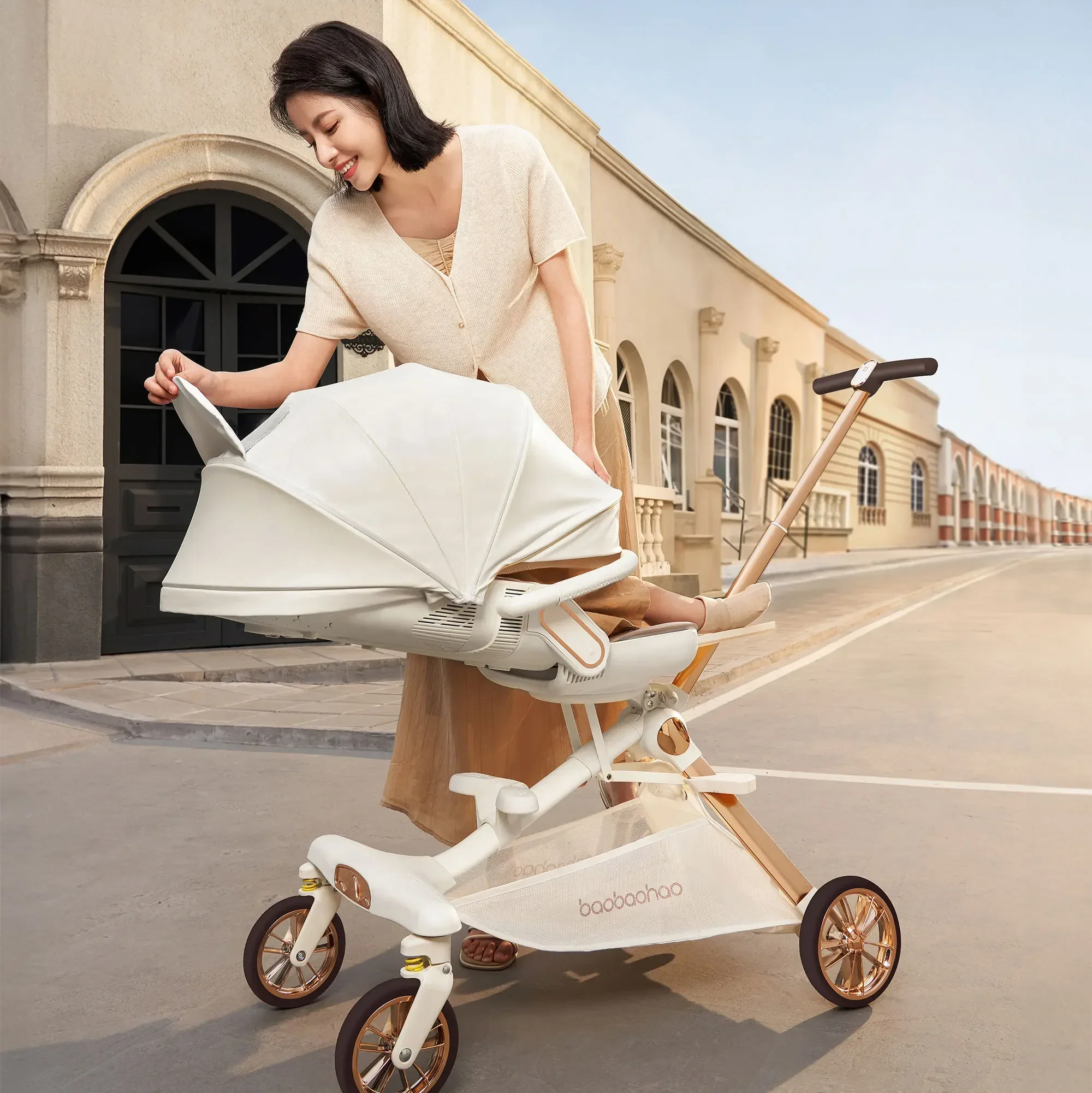Foldable Lightweight Baby Stroller with Sunshade Sitting and Lying Two Mode Baby Stroller Four-wheel Anti Rollover