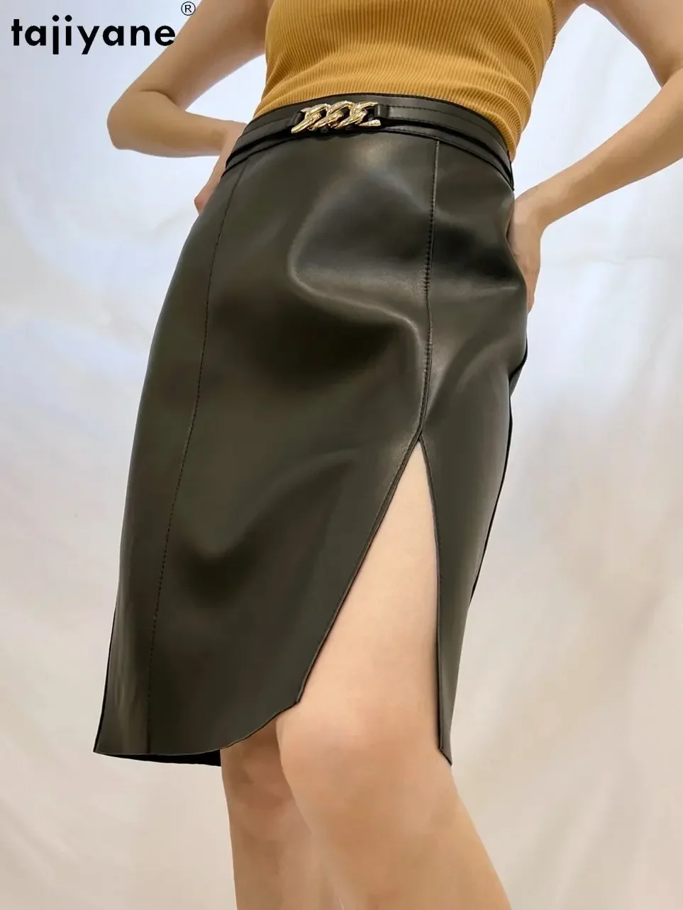 تنورة من جلد الغنم الأصلي من Tajiyane للسيدات بلون سادة تنانير عالية الخصر على الطراز الكوري تنورة أنيقة متوسطة الطول بفتحة جانبية