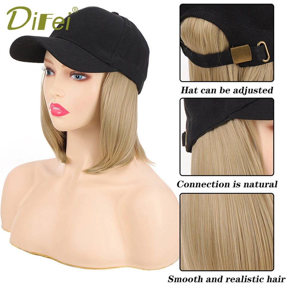 DIFEI Synthetic Wig Hat Integrated Short Wave Baseball Wig Cap Wave Head Spring And Summer Canvas Visor Short Straight Hair