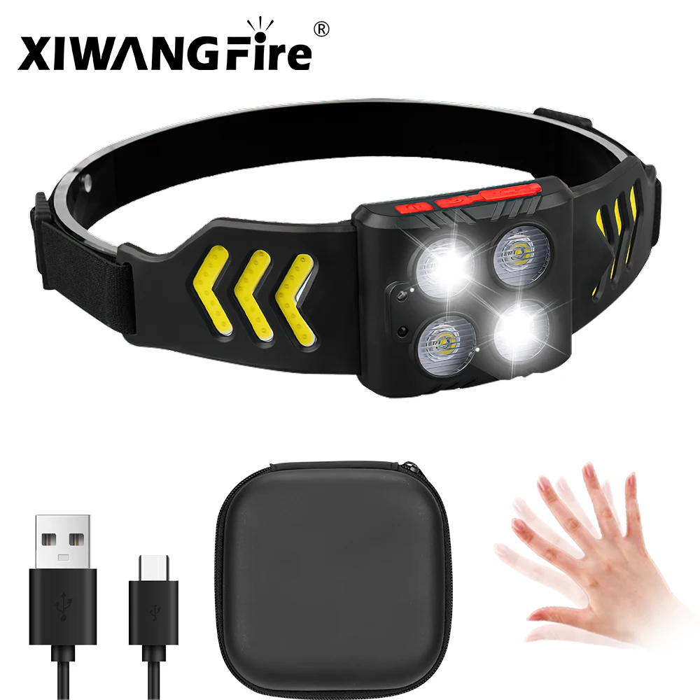 

USB Rechargeable LED Headlamp Fishing Light Camping Flashlight Wide Range of Lighting with Motion Sensor Dual Light Source