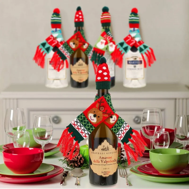 Christmas Wine Bottle Cover Knit Sweater Wine Bottle Decor Cute Santa Claus Elk Scarf Hat Decor Christmas Party Table Decoration