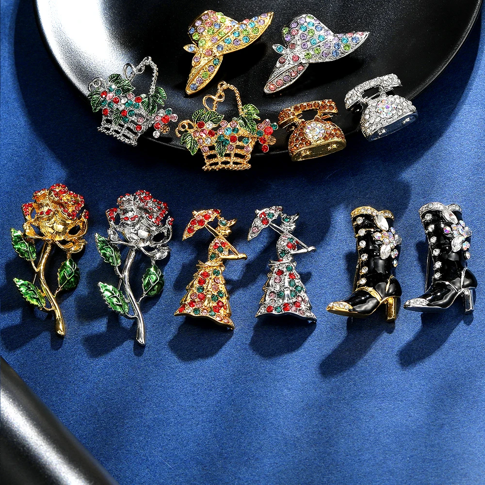 Novelty Pretty Women Products Crystal Lapel Pins Colorful Flower Basket Rose Hat Boot Lady Shaped Rhinestone Brooches