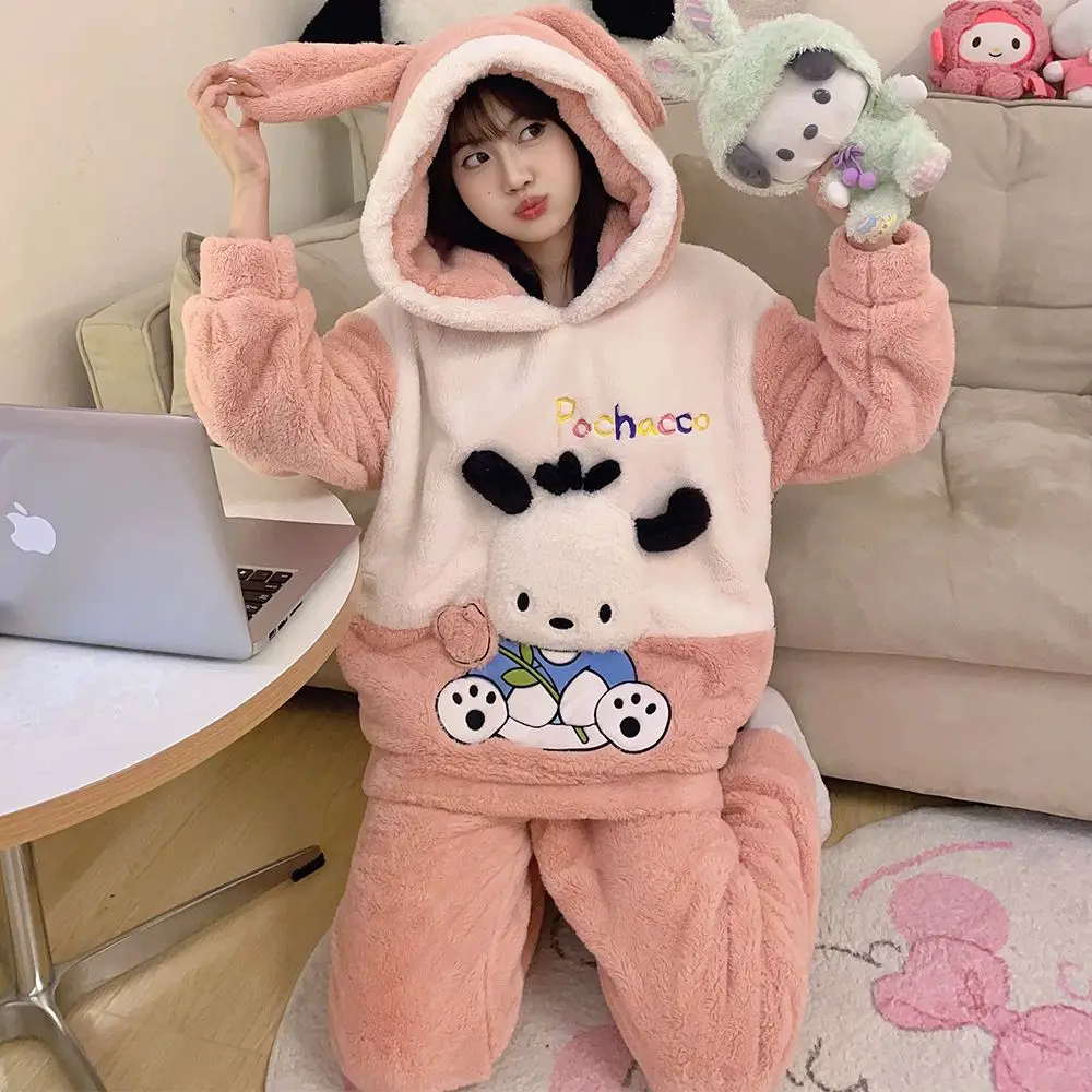 Sanrio Hello Kittys Cinnamoroll Coral Velvet Pajamas Women Kuromi Cartoon Long Sleeve Warm Girls Cute Melody Warm Homewear Set view 6