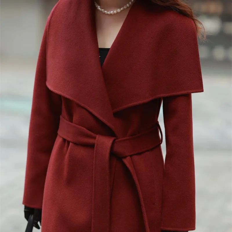 

Ele Double-Faced Wool Batobe Coat with Large Collar Loose Fit Autumn Winter Faionable Outerwear in Angora Red