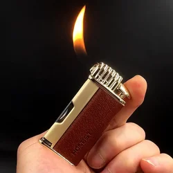 HONEST Upscale Genuine Leather Metal Gas Cigar Lighter Oblique Out Open Flame Pipe Dedicated Cigarette Lighter Men's Gift