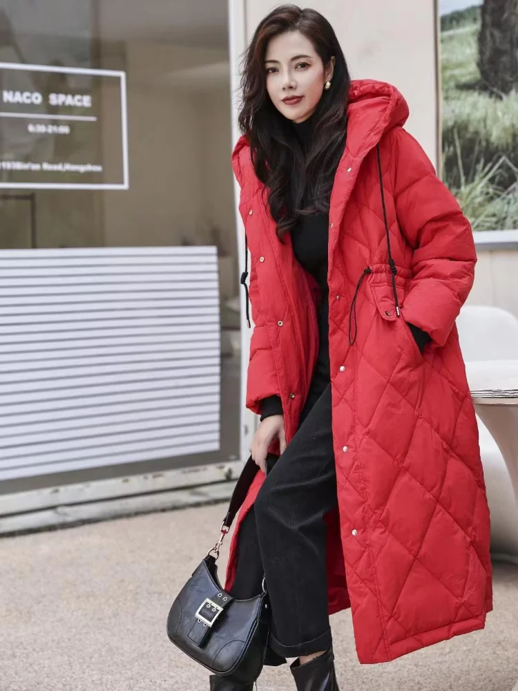 Long Knee-length Down Jacket, Windproof Warm Coat, Loose Hooded Jacket, Diamond Plaid Design, Casual Parkas, Winter Fashion, New