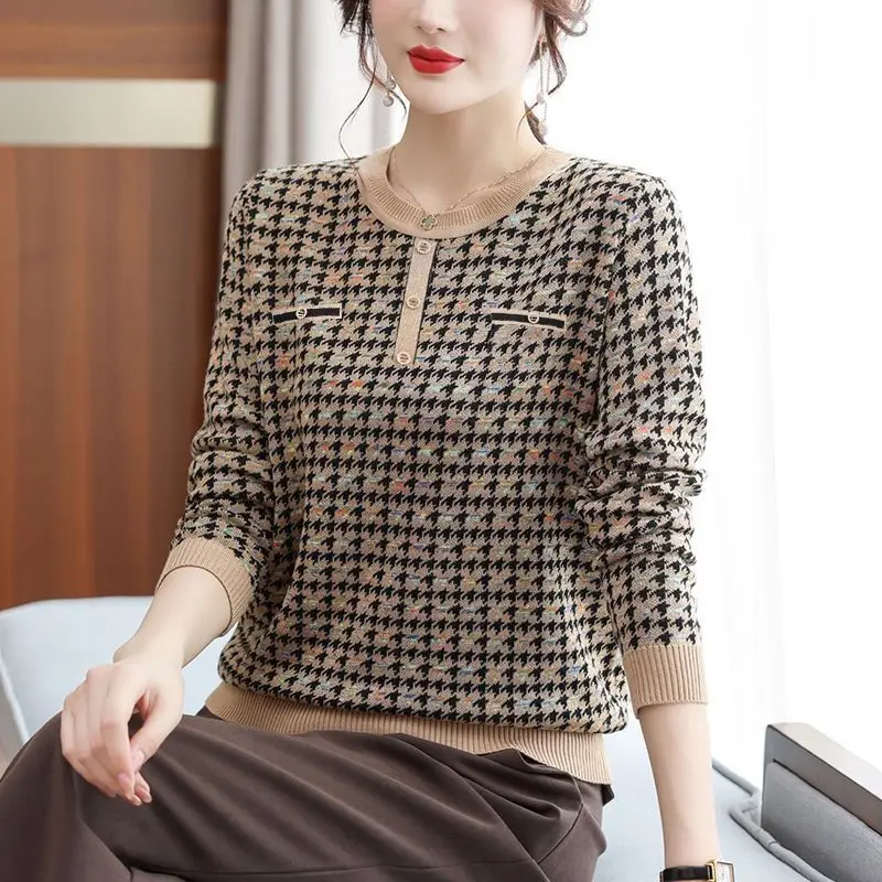 Vintage Houndstooth Knitted Sweaters Casual Round Neck Spring Autumn Stylish Button Female Clothing Long Sleeve Straight Jumpers