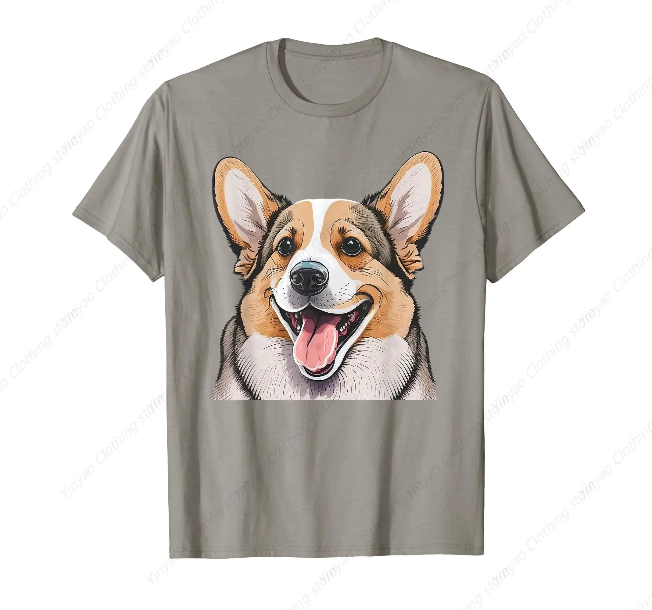 

Corgi Hedgehog Dog Lover Print Shirt Grey Cotton Round Neck Casual Breathable T-shirt