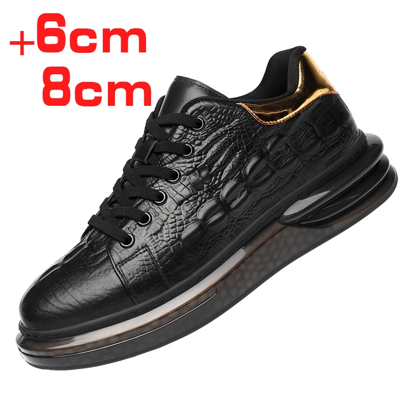 New Man 3/ 6/ 8 CM Crocodile Pattern Leather Casual Shoes Men Elevator Sneakers Height Increase Mens Skate Footwear White Black