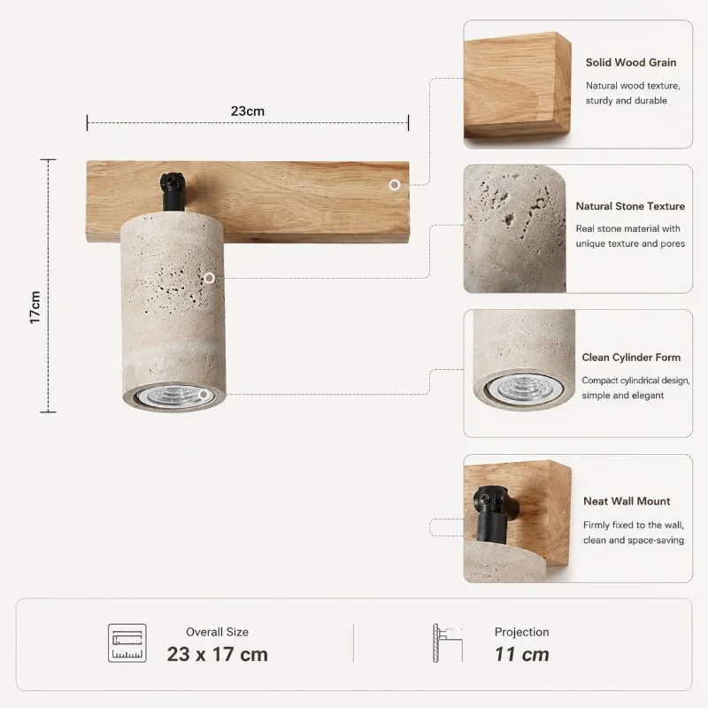 23cm Solid Wood Travertine Wall Lamp Rotatable LED Reading Sconce with Switch for Bedroom Study Bedside Home Decor Wall Lamp