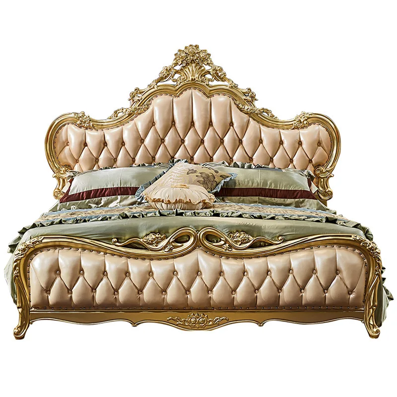 

European double bed, American luxury champagne solid wood princess bed, first layer cowhide bedroom, large bed 2 meters