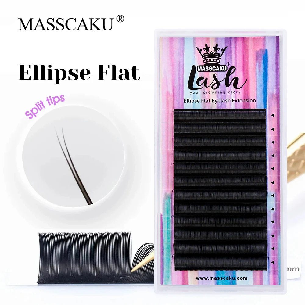 MASSCAKU 12 Lines Waterproof Double Split Tips Shaped Lashes C D Curl Individual Natural Look Ellipse Flat Lash for Beauty Salon