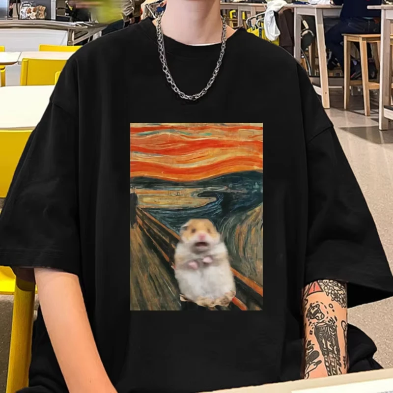 Funny Scared Hamster Meme Graphic T-Shirts Men Women Summer Fashion Cotton Short Sleeve T Shirt Kawaii Harajuku Y2k T-shirt Male