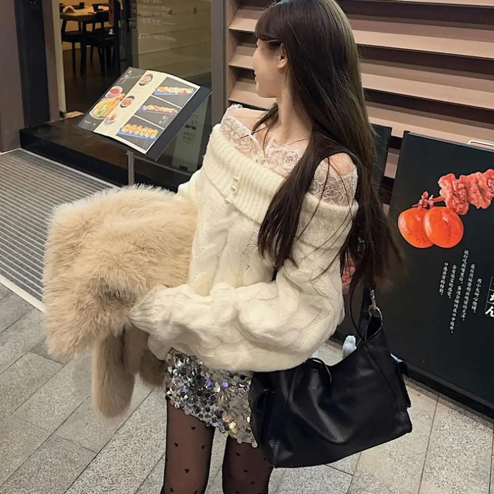 Lace Long Sleeved Knitwear Bottoming Shirt Loose Off Shoulder Sweater Top Pullover Spring Autumn Winter Knitted Top for Women