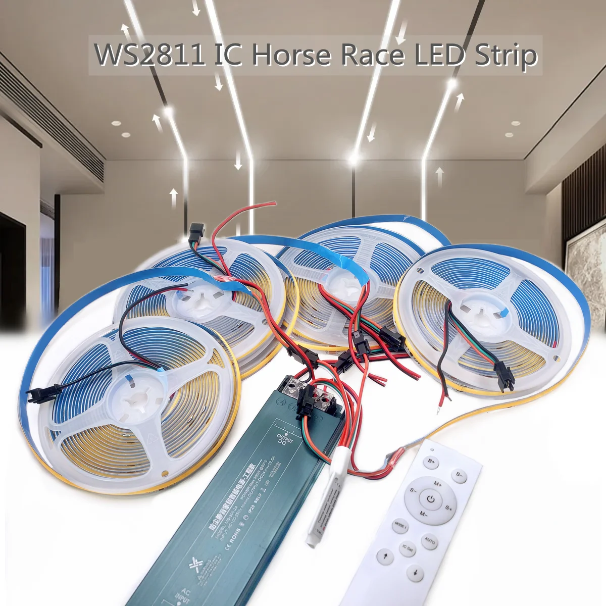 

DC24V WS2811 Running Water Flowing Light COB Horse Race LED Strip with Remote Button Controller Full Set For Decoration Lamp