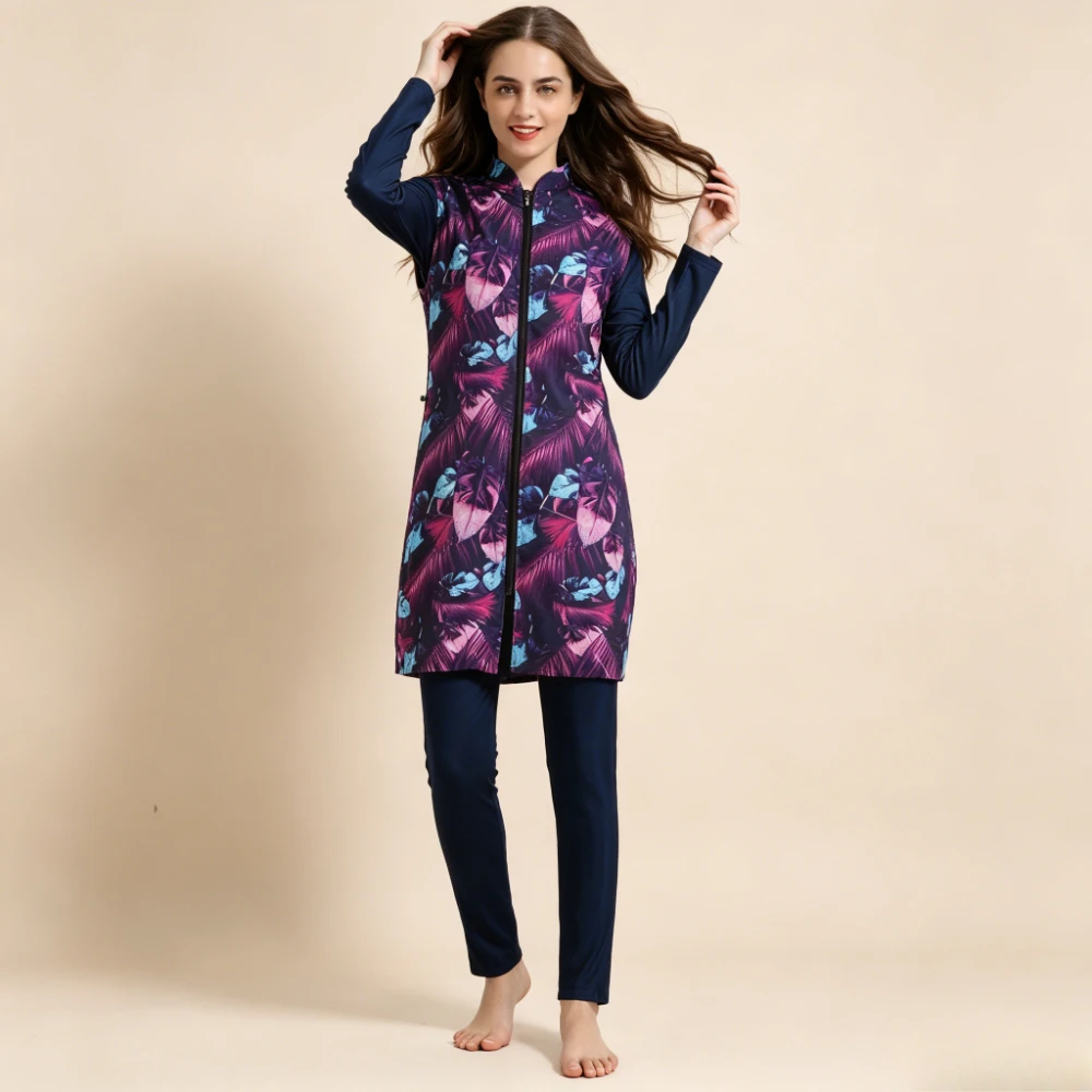 3 Piece Modest Swim Cover Up Set Printed Zip Vest + Long Sleeve Sun Protection Top, Islamic Conservative Beach Tunic Swimwear